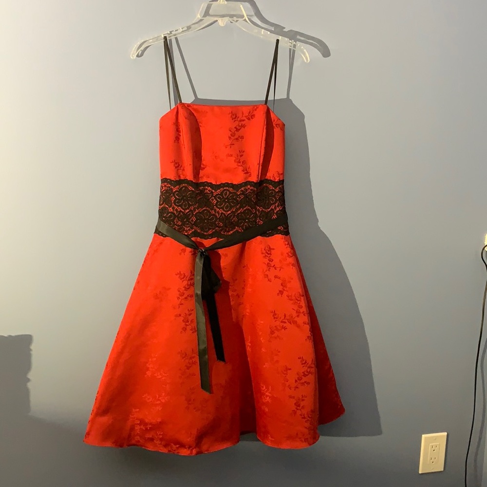 Red Strapless Dress with Lace Waist